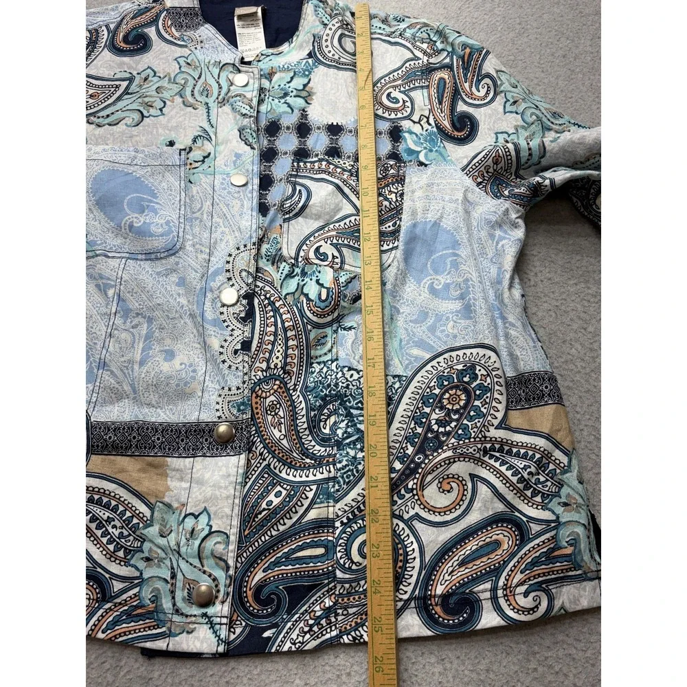 Chico's Jacket Womens 3 16/18 Reversible Linen Navy Paisley Patchwork Snap Front